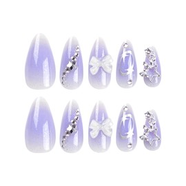 24 Pcs Nail Tip, Purple, Nail Tip, Purple, Graduation Ceremony, Bride Nail, Short Cute, Popular Tip, Ladies' Gal Popular, Present, Self Nail, 48 Double Sided Tape Included (Almond Stars and Ribbon)