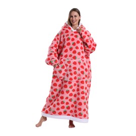 Yikayin Oversized Hoodie Blanket, Giant Blanket Hoodie Women Mens Adult Warm Cozy Soft Wearable Hoodies Blanket with Huge Pocket - Strawberry