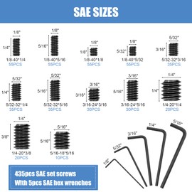 1145PCS 25 Sizes Metric & SAE Set Screw Assortment Kit,12.9 Class Alloy Steel Internal Hex Drive Cup-Point Set Screws Assortment Kit with 10 Hex Wrenches, M3 to M8 and 1/8-40 to 5/16-18