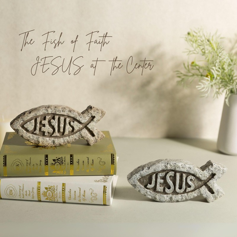 ShineOnAngel Christian Jesus Fish Tabletop Decor – 7.4 Inch Stone-Look