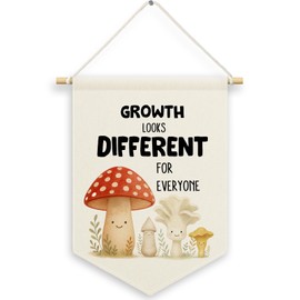 MNASAIOO Mental Health Mushroom Kids Room Decor, Cute Nursery Classroom Banner Canvas, Growth Looks Different for Everyone Wall Hanging Frame Decor Art Pennant Flag for Toddler Room Playroom 11x15in