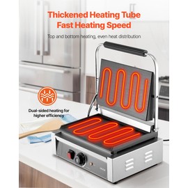 VEVOR Commercial Panini Grill, 1800W Electric Sandwich Panini Maker, Stainless Steel Sandwichs Press Grill with Handle and Temp Control, 13.5x9.3 in Full Flat Enamel Plate, for Hamburger Steak Bacon