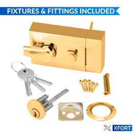 XFORT® Standard Deadlocking Night Latch 60mm, Complete with Rim Cylinder and 3 Keys, Elegant Polished Brass Nightlatch, External Door Lock for Front Door, High Security for Your Home or Workplace