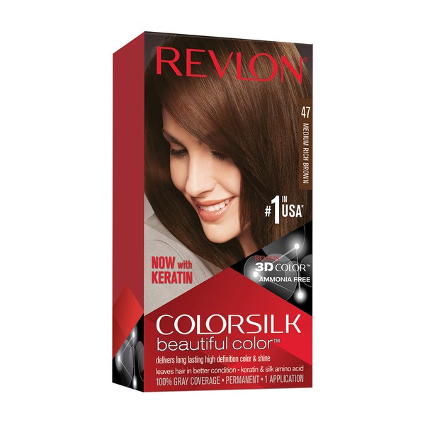 Revlon Colorsilk Beautiful Color Permanent Hair Color with 3D Gel Technology & Keratin, 100% Gray Coverage Hair Dye, 47 Medium Rich Brown