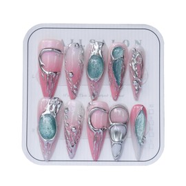 CAMILCY Press on Nails Handmade Nails Luxury Reusable Fake Nails For Girls Long Almond Armor Tip Pink Diamonds Hand Painted Salon Loveful Design Acrylic Gel UV Finished 3DNails 10PCS (B06, L)