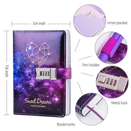 Starry Lock Leather Diary Combination Lock Journal Personal Constellation Secret Writing Journal Notebook Daily Planner Hardcover Agenda Gifts for kids girls boys women, 7.4 X 5.1 In