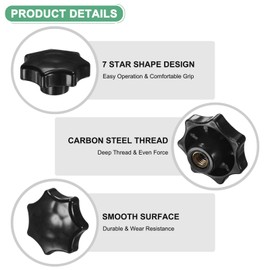 M METERXITY 6-Pack 7 Star Knobs, M12 Female Thread 60mm Seven-Pointed Head Blind Hole Clamping Grip Handles for Machinery/Electronic/Woodworking, Carbon Steel Screw-On Threaded Knob [Black]