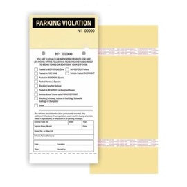 Parking Violation - 2 Part Carbonless Manila Tag w Top Copy, Perforation Stub and Adhesive Strips, Seq. Numbered, 4.25" x 9.25" - 25/Pack