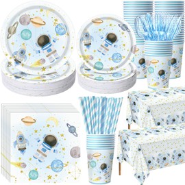Potchen 452 Pcs Space Themed Party Decorations for 50, Blue Space Astronaut Paper Plates Napkins Cups Tablecloth Cutlery Straws for First Trip Around The Sun Planet Birthday Baby Shower Party Supply