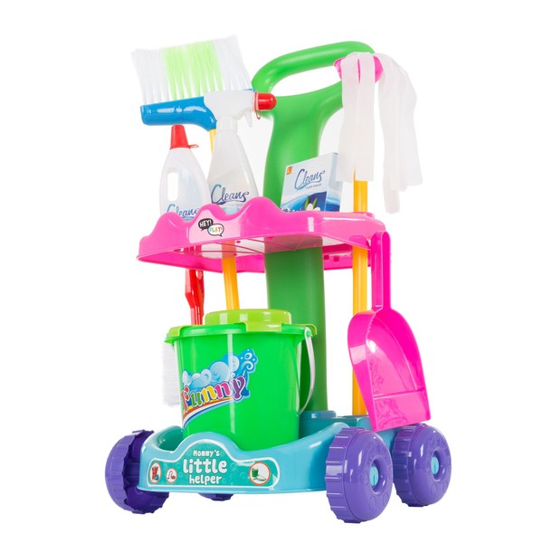 Hey! Play! Toy Cleaning Set – Play Housekeeping and Janitor Accessories Cart – Pretend Broom, Mop and Dustpan for Children and Toddlers Tidy-Up Fun, (Model: 80-PP-1350568)