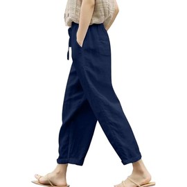 Size 2XL Navy Womens Linen Pants with Pockets High Waist Comfy Navy Gauze Pants for Women Casual Summer Lightweight Loose Embroider Oceanside Trousers Tapered Ninth Pants