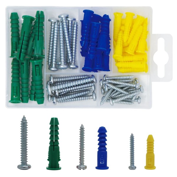 Board Anchor, Screw Set, 66 pcs, 3 Different Sizes, Plastic Expansion Tube, Tapping Screws, Hollow Wall Anchor, Drywall Anchor, Strong, Rotation Prevention, Fixture, Storage Case Included