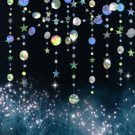 4Pcs Glitter Iridescent Metallic Circle Garlands, BetterJonny Holographic Hanging Stars Streamer Backdrop Party Decoration Glitter Paper Hanging Bunting Banner Background for Birthday Wedding Decor