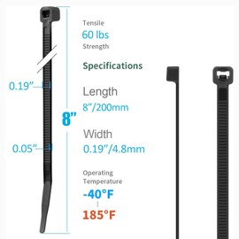 XINGO 5000 PCS Black Zip Ties 8 Inch, 60 LBS Tensile Strength, Self-Locking Nylon Plastic Nylon PA66 Wire Ties for Indoor and Outdoor Use