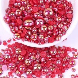 5600PCS Half Round Pearls Flatback Imitation Pearls for Crafts,7 Sizes for DIY Nails Art Crafting,Jewelry Making, Shoes,Cup,Phone Decoration (04 Red AB)