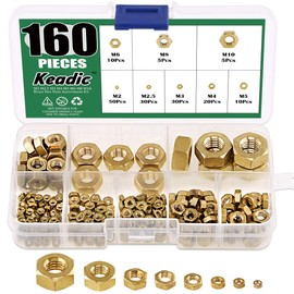 Keadic 160Pcs Brass Hex Nuts Assortment Kit, Full Finished Metric M2 M2.5 M3 M4 M5 M6 M8 M10