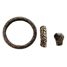 Riloer Steering Wheel Cover for Women Girls, Leopard Winter Warm Fluffy Vehicle Wheel Protector for Auto, SUV, Universal Fit Fur Car Wheel Cover & Handbrake Cover & Gear Shift Cover Set