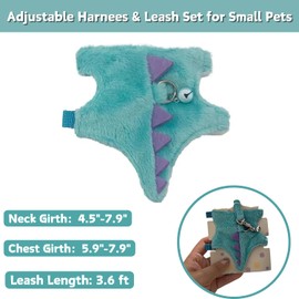 Bearded Dragon Harness and Leash Set - Soft Fleece Dinosaur Vest with Safe Bell Adjustable Lizard Traction Rope Escape Proof Outdoor Walking Training Leash for Ferret Rat Kitten Puppy (Blue)