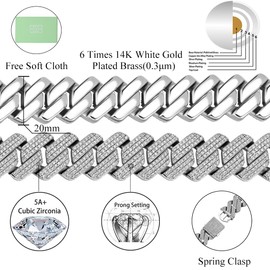 TOPGRILLZ Cuban Bracelet Men Gold Diamond Cuban Bracelet for Women 3Row 20mm Miami Gold Jewelry 14K Gold Plated Iced outStraight Edge Rapper Costume£¨Silver, 8inches