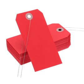 PATIKIL 100 Blank Tags 4-3/4" x 2-3/8" Square Tags with Wire, Manila Hang Label Tags with Reinforced Eyelets for Inventory Gift Labels, Red
