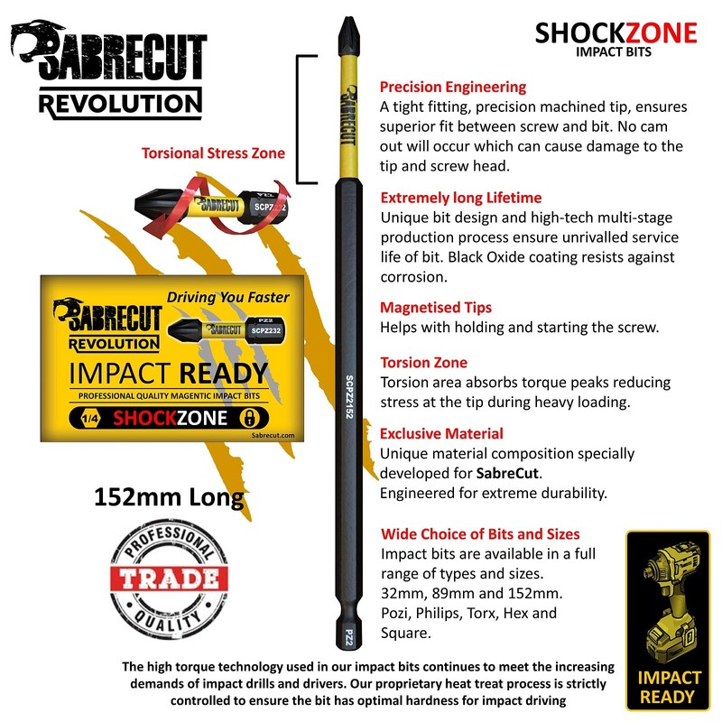 5 x SabreCut SCRSQ2152_5 152mm SQ2 Square Magnetic Impact Screwdriver