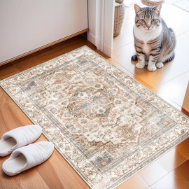 Enkor Area Soft Rugs 2x3 Washable Non Slip Boho Small Floor Entryway Rugs for Hallway, Vintage Style Farmhouse Mat for Kitchen Beige & Brown