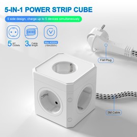 HITRENDS Steckdosenw1rfel mit Flachstecker, 5 in 1 Mehrfachsteckdose Cube (250V/16A), 5 Fach Steckdosenleiste, Mehrfachstecker Steckdose Steckdosenverteiler mit 3M Geflochtenem Kabel f1r B1ro, Zuhause, Wei?