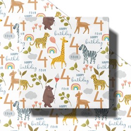 RUSPEPA 4th Birthday Wrapping Paper for Kids, Mini Roll, Jungle Animals and Number 4 Pattern Gift Wrap Paper for Boys Girls, Birthday Party and More, 17 Inches x 16.4 Feet, 4 Years Old