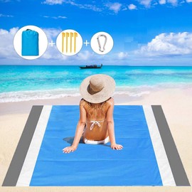 Beach Mat, Picnic Blanket, Waterproof and Sandproof Mat, Extra Large Lightweight Beach Mat, Portable Picnic Mat, Travel, Camping, Hiking, Nylon, 83*79 inch(White+Blue)