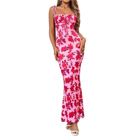 Parthea Women's Summer Floral Bodycon Backless Maxi Dress Sexy Lounge Slip Long Formal Party Evening Elegant Dress Rose