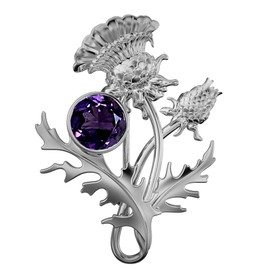 CAIRN Small Sterling Silver Scottish Thistle Brooch With Amethyst - Ross. Jewellery Gift Box Included. 6142
