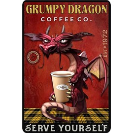 Dragon Wall Decor Tin Sign and Coffee Wall Decor Tin Sign Grumpy Dragon Coffee co. Serve Yourself Kitchen Metal Sign Vintage Bar Home Bathroom Wall Decoration Sign Art 8x12 Inch