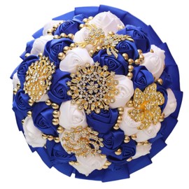 Gkvszy Royal Blue and White Gold Brooch Wedding Bridal Bouquet for Bride Bridesmaid Quinceanera with Bling Rhinestone Pearl Satin Rose Flower Bouquet Wedding Royal Blue and White 8.3in