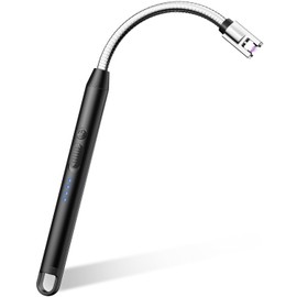 VEHHE Electric Lighter with 360° Flexible Neck, Flameless Windproof Long Candle Lighter with Led Battery Display, USB C Rechargeable with Hanging Hook for Gifts BBQ Fireworks (Black)