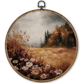 TLESKE Vintage Fall Wildflower Flower Round Wall Art Decor Framed 10x10, Autumn Floral Canvas Wall Art Prints Artwork, Moody Rustic Farmhouse Wall Hanging Room Door Decor for Bedroom Living Room