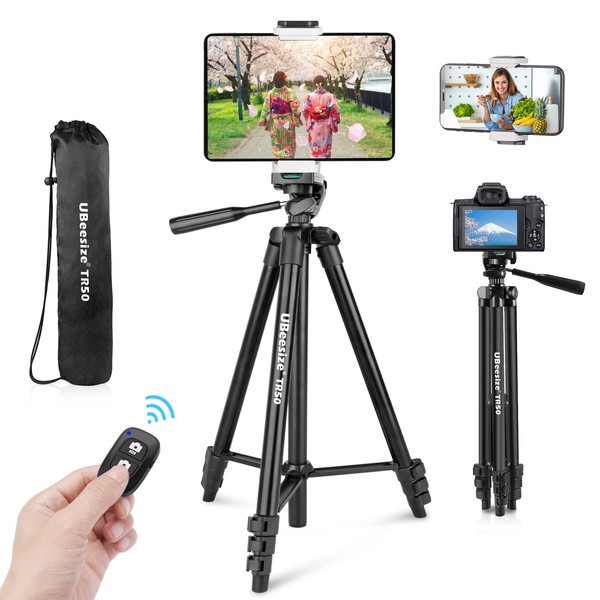 Ubeesize Smartphone/Tablet Tripod, 50.0 inches (127 cm) Tripod, Clip, Wireless Remote Control, Camcorder, 3-Way Cloud Head, 360 Rotation, Storage Bag Included, Compatible with Tablet Stand, Smartphone Tripod, Action Camera, etc. (Deep Black)