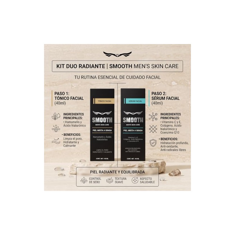 Smooth Kit Dúo Radiante Hombres Tónico Facial Ácido Hialurónico Sérum
