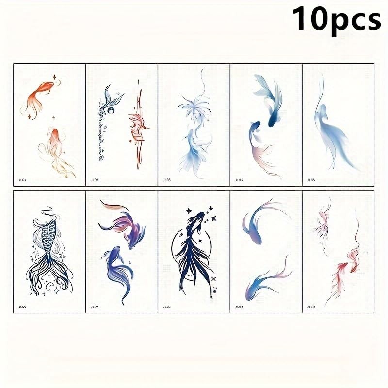 10-Piece Aesthetic Koi Fish Tattoo Sticker Set - Temporary Body