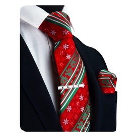 GUSLESON Mens Striped Christmas Tie Red Ties for Men Snowflake Necktie and Pocket Square Set (0959-18)