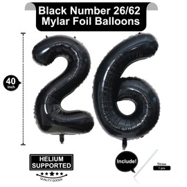 40 Inch Black 26 Number Balloons Giant 26 or 62 Balloons Black Birthday Balloons 26th or 62th Birthday Anniversary Events Party Decorations Supplies