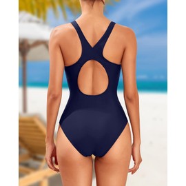 Tempt Me - Traje de baño deportivo de una pieza para mujer, de cobertura completa, modesto, Azul marino, M