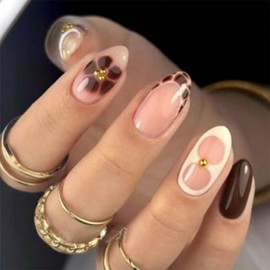 Medium Press on Nails Almond OFDNE French Tip Fake Nails False Nails with Floral Designs Brown Stick on Nails Full Cover Glossy Glue on Nails for Women Girls 24Pcs