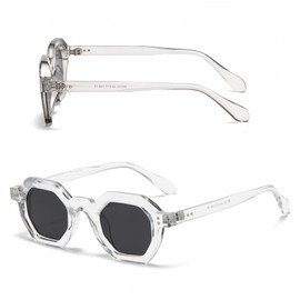 WDZAYXC Retro Chunky Hexagon Sunglasses for Men and Women Trendy Square Glasses, Transparent/Grey