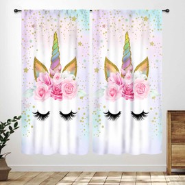 Cortinas de unicornio para niñas, fantasía arco iris, rosa, dorado, princesa, tratamientos para ventanas para niños, bebé, sala de estar, guardería, 2 paneles, 63 x 72 pulgadas