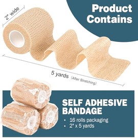 AZEN Paquete de 16 vendajes autoadhesivos, envoltura elástica cohesiva de 2 pulgadas x 5 yardas, cinta atlética de color de piel, envoltura veterinari