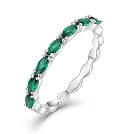 STARCHENIE 2mm Stackable Rings for Women | 925 Sterling Silver Half Eternity Ring | Created Emerald May Birthstone Jewelry Rings Size 7