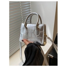 GORGLITTER Women's Small Crossbody Bag Mini Purse Metallic Crocodile Print Double Handle Satchel Shoulder Bag Purse Silver Pure One-Size