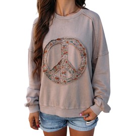 KevaMolly Womens Long Sleeve Tops Floral Peace Symbol Drop Shoulder Sweatshirt Crewneck Casual Pullover Top Goat XL