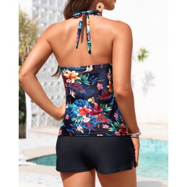 Women Tankini Swimsuit with Shorts - Halter Two Piece Swimsuit with Pocket Tummy Control Bathing Suit 2025 Swimwear Black Flowers L