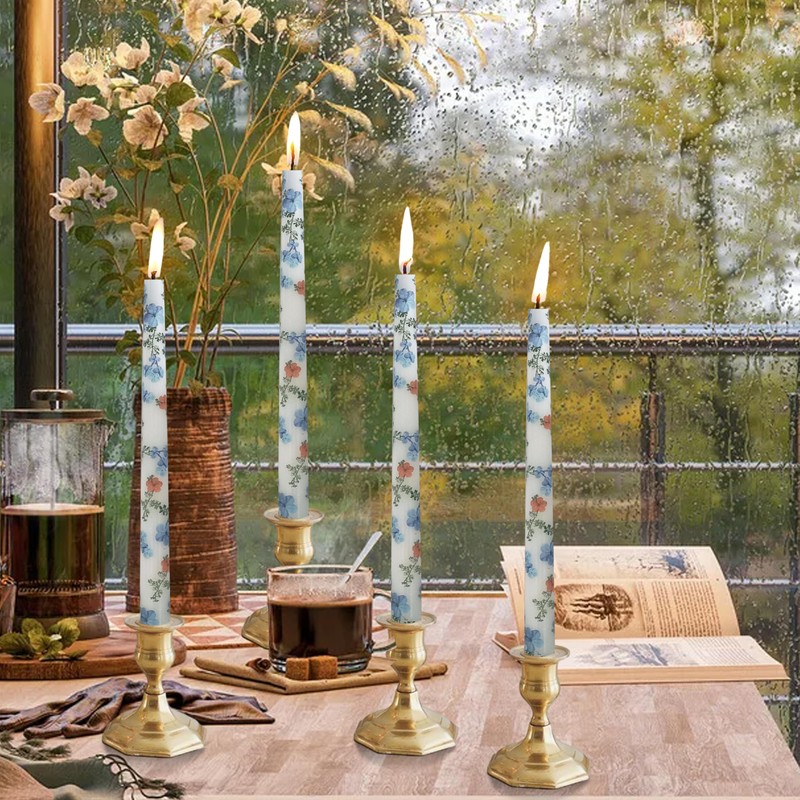 10 Inch Taper Candles Candlesticks Blue Flower Printed,2 Pack Handmade